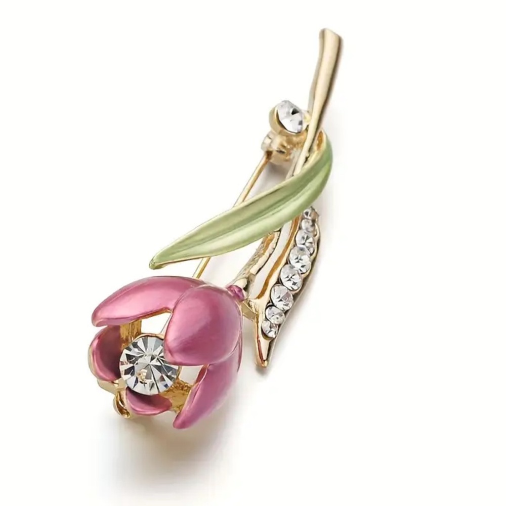 NWOT - Elegant Pink Tulip Brooch with Rhinestones